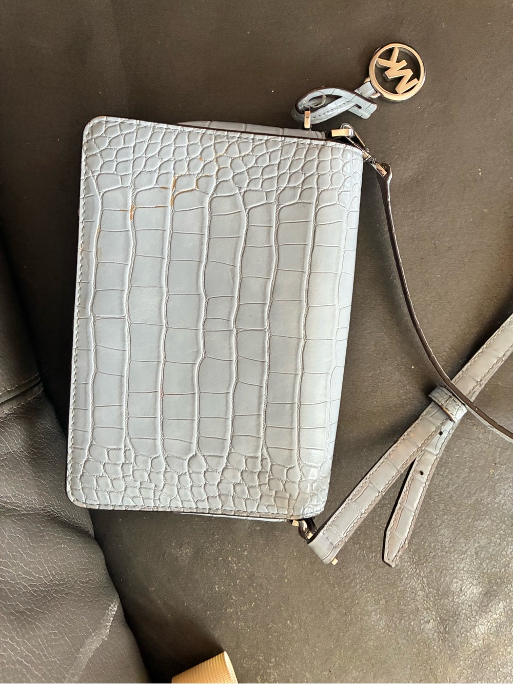 Michael Kors Light Blue Croc-Embossed Crossbody with Gold MK Charm